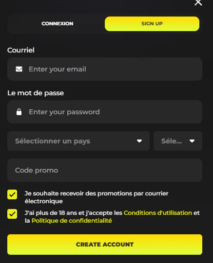 Création de compte Need4Win Casino avec courriel, mot de passe, choix du pays et code promo