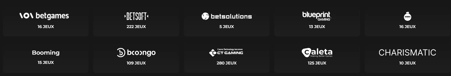 Fournisseurs de jeux Need4Win Casino dont CT Gaming avec 280 jeux, Betsoft avec 222, Caleta avec 125 et Booongo avec 109