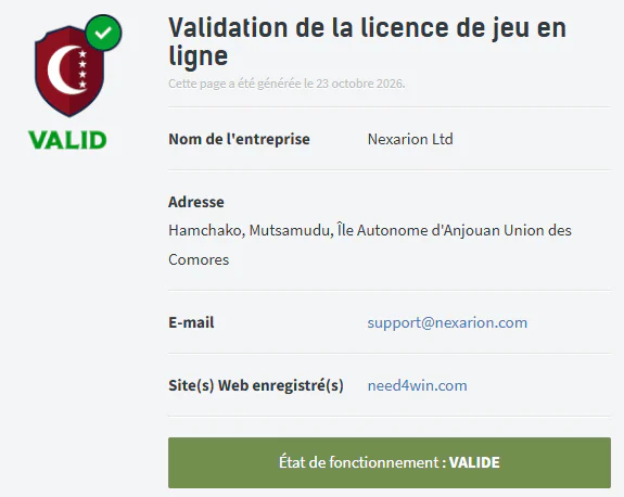 Licence de jeu d'Anjouan valide pour Nexarion Ltd, exploitant de Need4Win Casino sur need4win.com