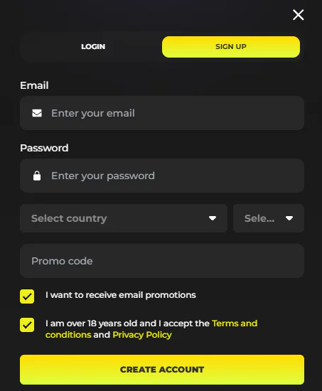 Need4Win Casino aanmeldformulier om een account aan te maken met e-mail, wachtwoord, land en promotiecode