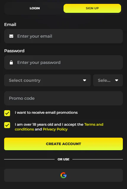 Need4Win Casino account creation form with email, password, country selection, promo code and Google sign up option