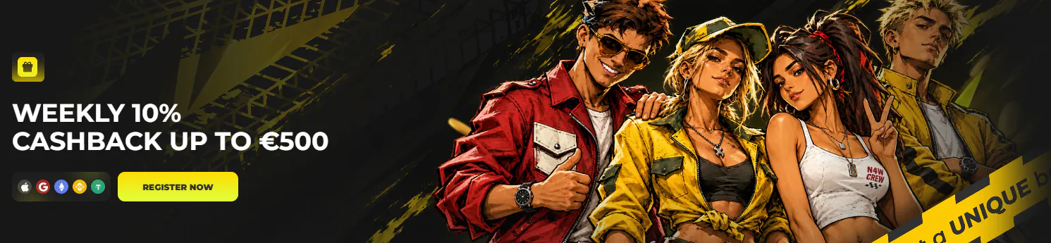 Need4Win Casino banner met wekelijkse 10% cashback tot €500 en betaalopties zoals Apple Pay, Google Pay en crypto