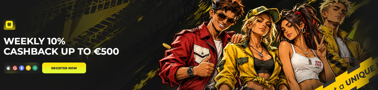 Need4Win Casino Banner mit wöchentlichem 10 % Cashback bis 500 € und Zahlungsoptionen wie Apple Pay, Google Pay und Krypto