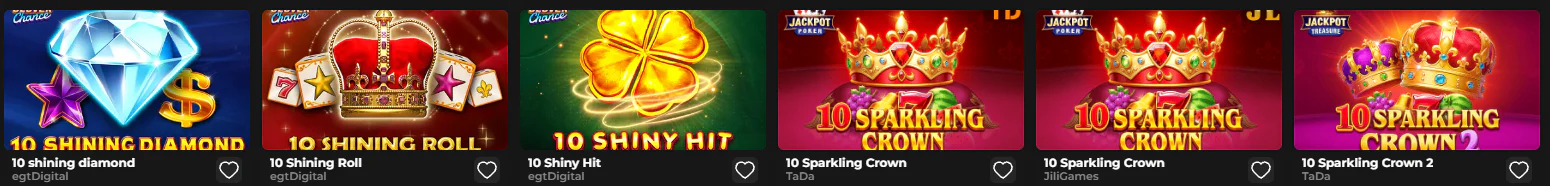 Need4Win Casino gokkasten zoals 10 Shining Diamond, 10 Shiny Hit en 10 Sparkling Crown van EGT Digital, TaDa en JiliGames