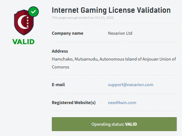 Need4Win Casino gültige Anjouan-Glücksspiellizenz für Nexarion Ltd als Betreiber von need4win.com