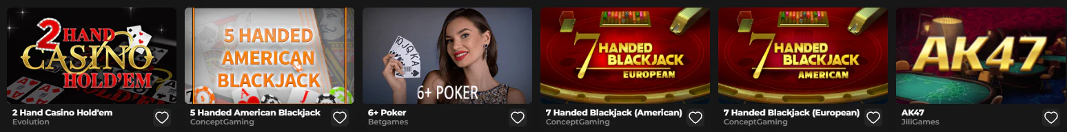 Need4Win Casino Kartenspiele wie 2 Hand Casino Hold'em, 5 Handed American Blackjack, 6+ Poker und 7 Handed Blackjack von Evolution, ConceptGaming und Betgames