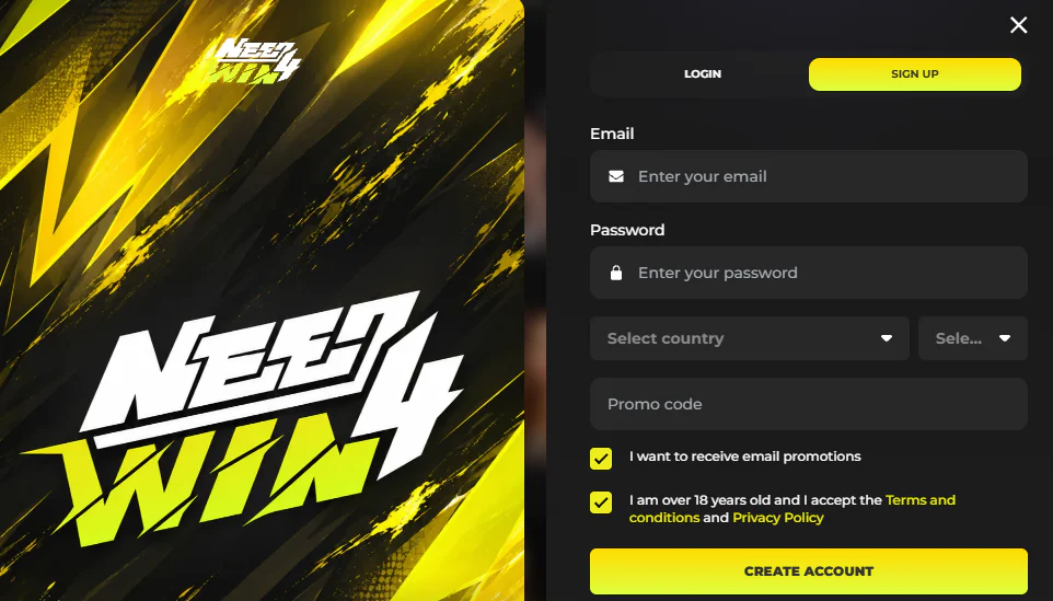Need4Win Casino Kontoeröffnung mit Formular für E-Mail, Passwort, Land und Promo-Code neben dem Need4Win Logo
