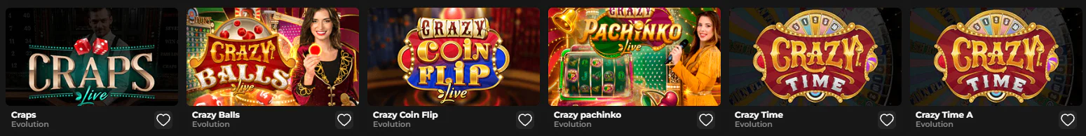 Need4Win Casino live game shows from Evolution including Crazy Time, Crazy Balls, Crazy Coin Flip, Crazy Pachinko and Craps Live