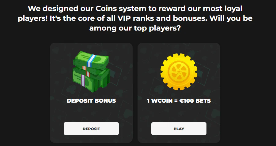 Need4Win Casino loyalty Coins system with deposit bonus and 1 WCoin earned for every €100 in bets