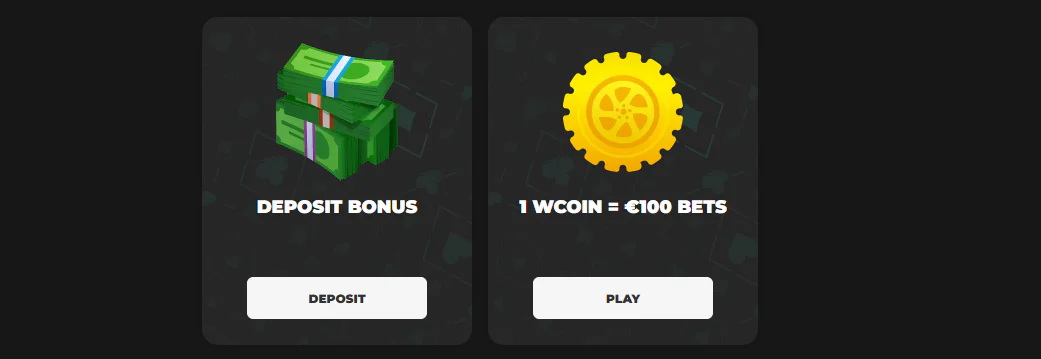 Need4Win Casino stortingsbonus en WCoin-loyaliteitssysteem waarbij je 1 WCoin verdient per €100 aan inzetten