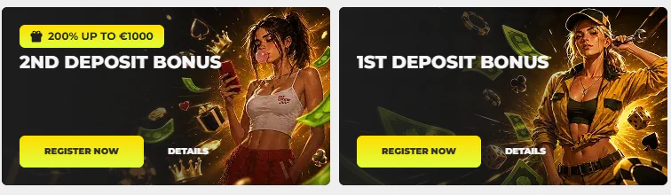 Need4Win Casino welcome offer banners for the 1st and 2nd deposit bonus with 200% up to €1000 and Register Now buttons