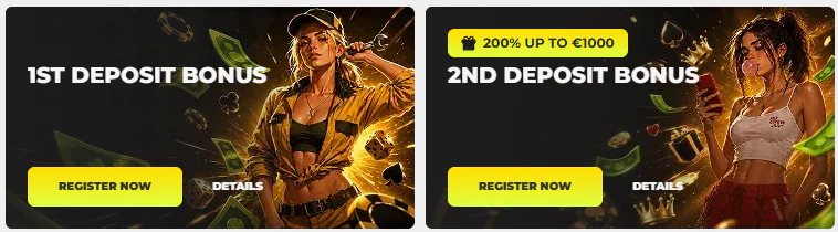 Need4Win Casino Willkommensangebote für die erste und zweite Einzahlung mit 200 % bis 1000 € und Register Now Buttons