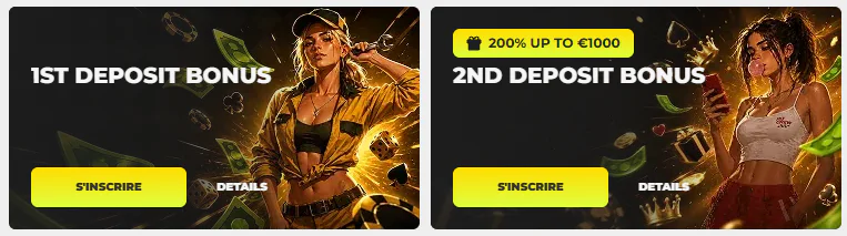 Offres de bienvenue Need4Win Casino pour le premier et le deuxième dépôt avec 200 % jusqu'à 1000 € et boutons S'inscrire