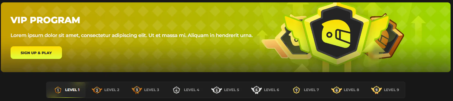 Programme de fidélité VIP Need4Win Casino avec badge casque et progression sur neuf niveaux, du Level 1 au Level 9